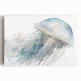 Stretched canvas wall art featuring a vibrant jellyfish design in shades of blue and purple, perfect for marine life enthusiasts and ocean-themed decor.