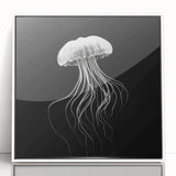 Framed wall art featuring a stunning design of jellyfish in vibrant colors, set in a sleek white frame, perfect for marine life enthusiasts and modern decor.