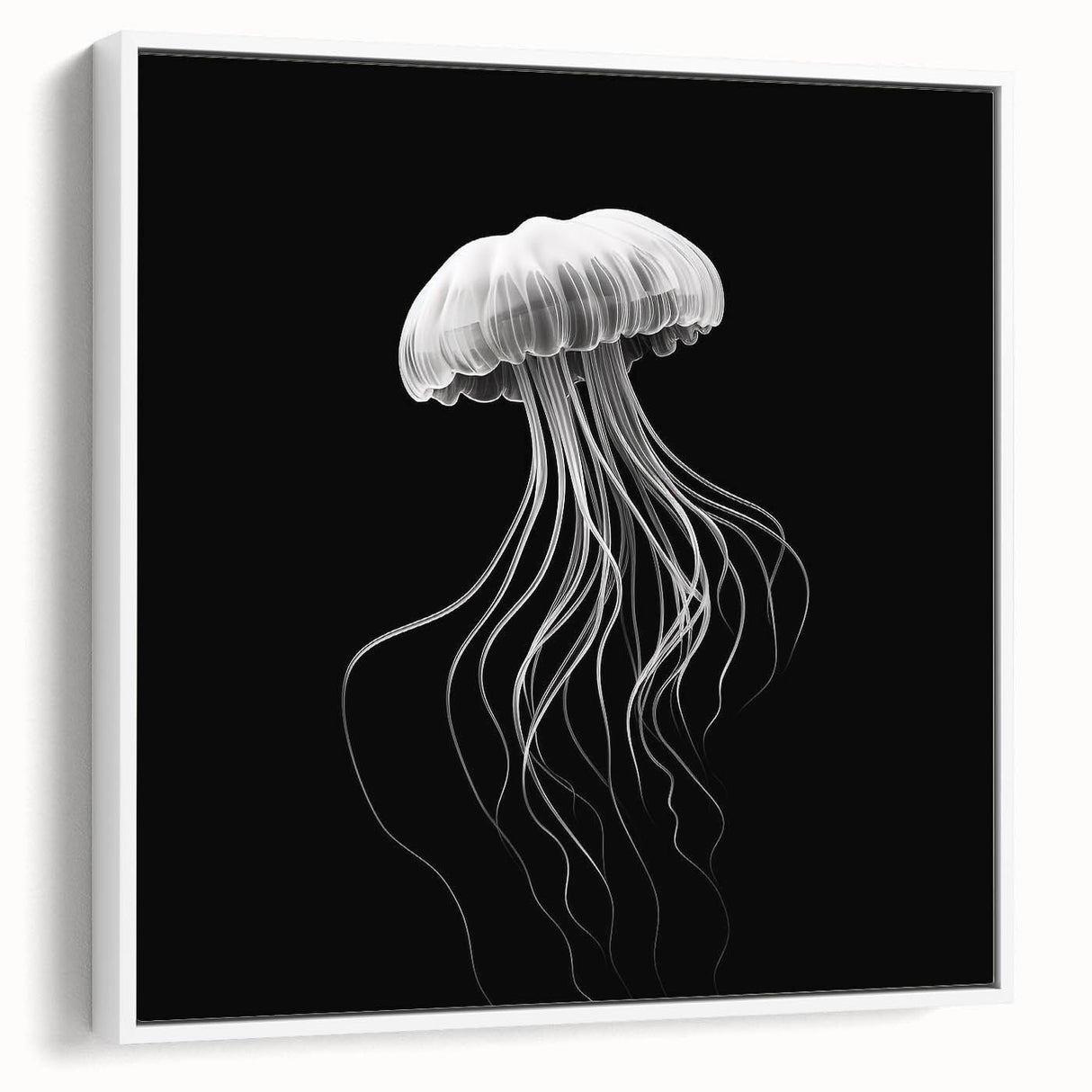 Framed jellyfish wall art in vibrant colors, showcasing marine life design with a white border, perfect for coastal-themed decor in living spaces.