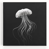 Vibrant jellyfish artwork on stretched canvas showcasing fluid, colorful marine life against a serene blue background, ideal for ocean-themed decor.