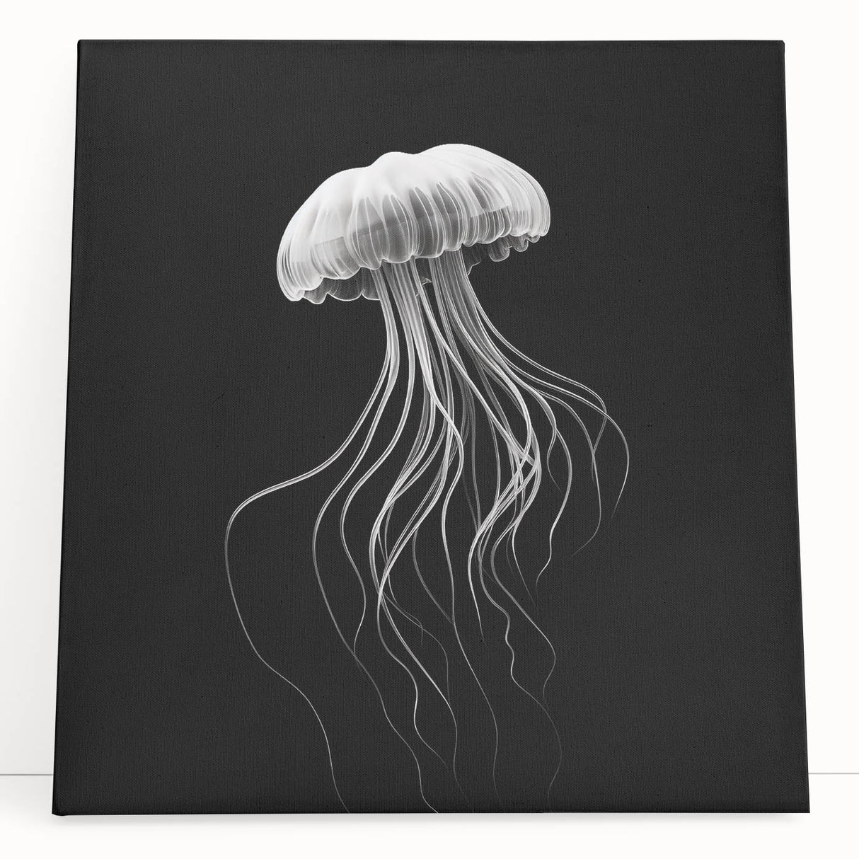 Vibrant stretched canvas wall art featuring an ethereal jellyfish design in soothing blues and purples, perfect for marine-themed decor or ocean lovers.