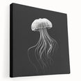 Stretched canvas wall art showcasing a vibrant jellyfish design in shades of blue and purple, elegantly displayed from a side view, perfect for marine-themed decor.