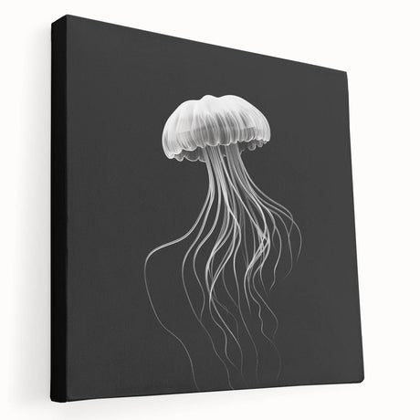 Stretched canvas wall art showcasing a vibrant jellyfish design in shades of blue and purple, elegantly displayed from a side view, perfect for marine-themed decor.
