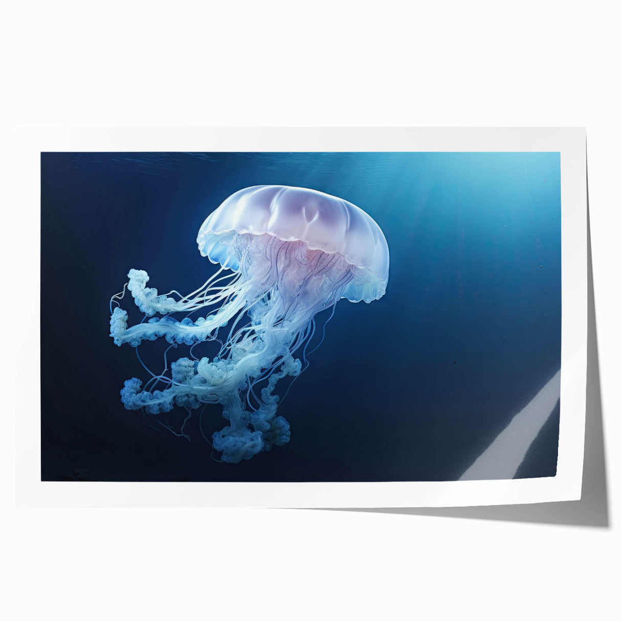 Vibrant jellyfish wall art print showcasing intricate marine life design in vivid blues and purples, perfect for ocean-themed decor or marine enthusiasts.