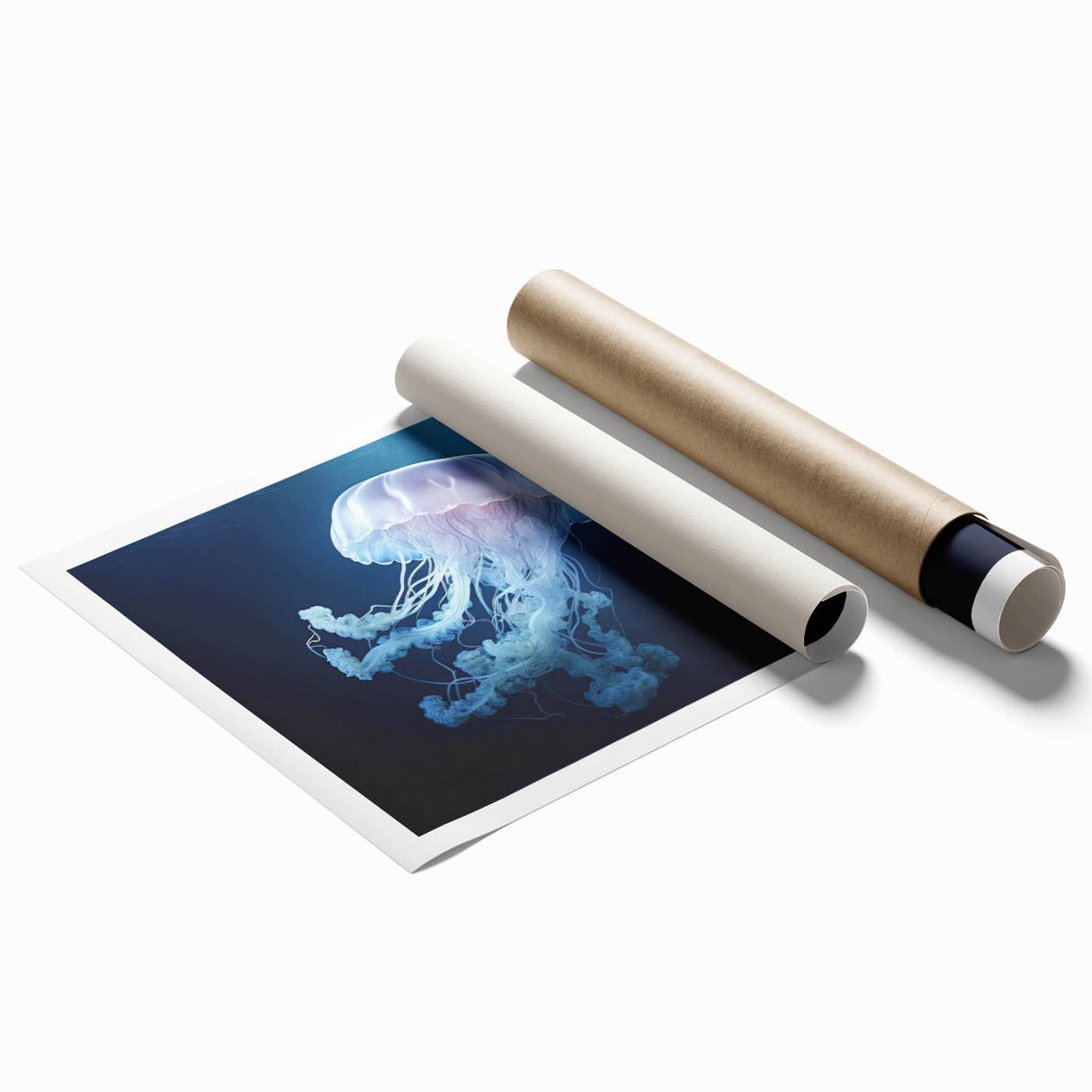 Vibrant jellyfish design wall art print showcasing intricate marine life details in soothing blue and purple hues, rolled and ready for framing. Ideal for ocean-themed decor.