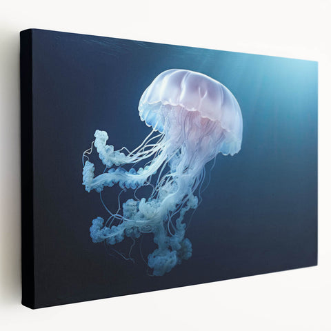 Colorful jellyfish wall art design on stretched canvas, showcasing vibrant hues and intricate details, perfect for marine-themed decor and ocean enthusiasts.