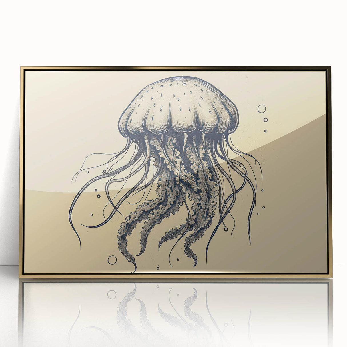 Framed wall art featuring a vibrant jellyfish design in blue and gold, showcasing intricate marine life details, perfect for ocean-themed decor.
