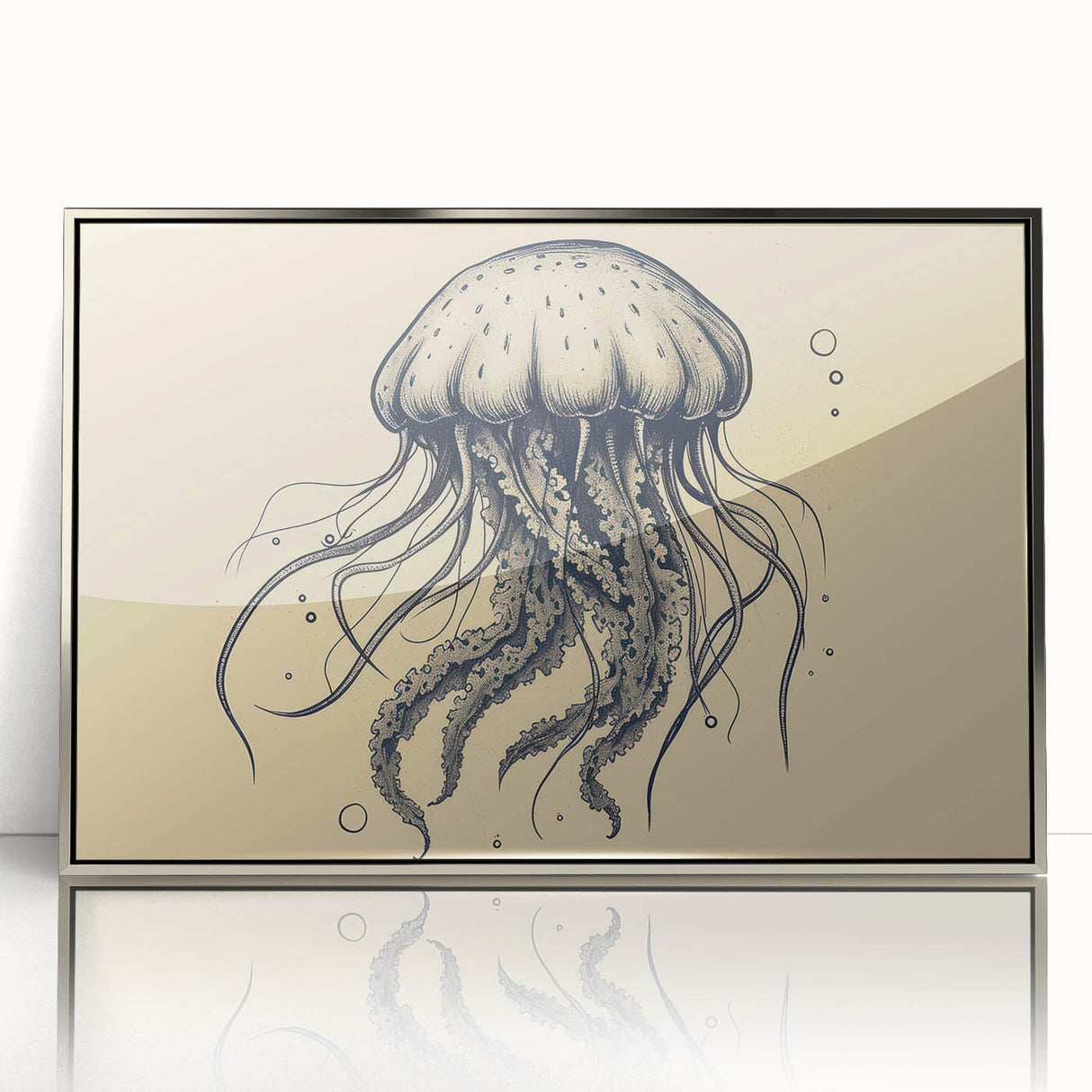 Framed wall art featuring a vibrant jellyfish design in blue and purple hues, showcasing marine life in a sleek silver frame, ideal for ocean-themed decor.