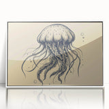 Framed wall art showcasing a vibrant jellyfish design, with colorful marine life details on a white background, perfect for coastal-themed decor.