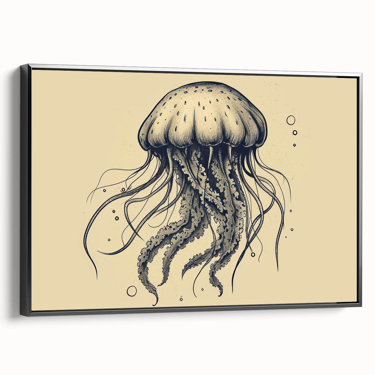 Framed canvas wall art showcasing a vibrant jellyfish design in shades of blue and purple, displayed from a black side view, perfect for marine-themed decor.