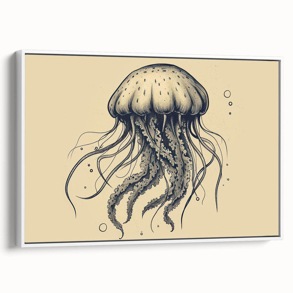 Framed canvas wall art featuring a vibrant jellyfish design in shades of blue and pink, set against a white background, ideal for marine life enthusiasts and home decor.