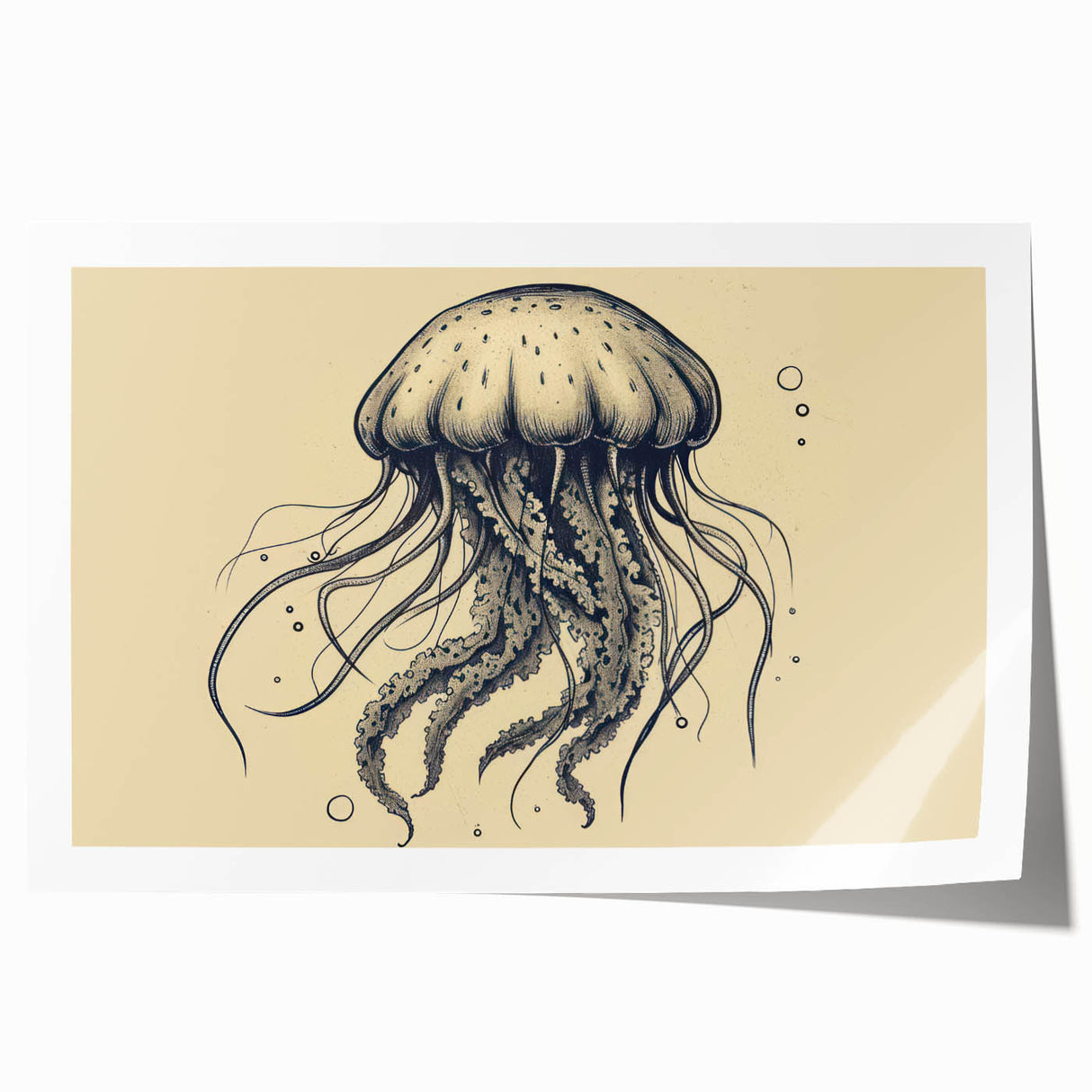 Vibrant rolled print showcasing a mesmerizing jellyfish design with intricate details and soft blue hues, perfect for marine life enthusiasts and modern decor.