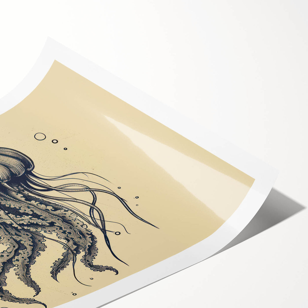 Vibrant jellyfish wall art print showcasing intricate marine life designs in blue and purple hues, rolled and ready for framing, perfect for ocean-themed decor.