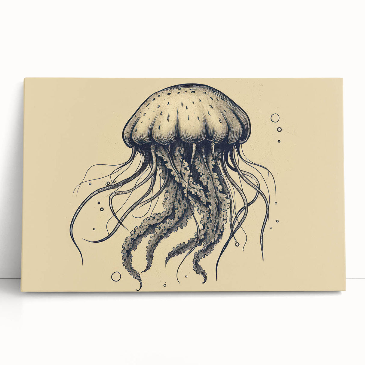 Colorful jellyfish wall art design on stretched canvas, showcasing vibrant marine life in a serene underwater setting, perfect for ocean-themed decor.