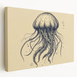Stretched canvas artwork showcasing a colorful jellyfish design, featuring vibrant blues and purples, perfect for marine life decor in modern interiors.