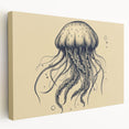 Stretched canvas artwork showcasing a colorful jellyfish design, featuring vibrant blues and purples, perfect for marine life decor in modern interiors.