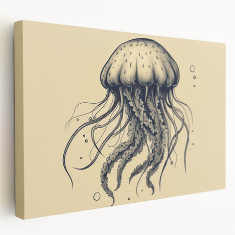Stretched canvas artwork showcasing a colorful jellyfish design, featuring vibrant blues and purples, perfect for marine life decor in modern interiors.