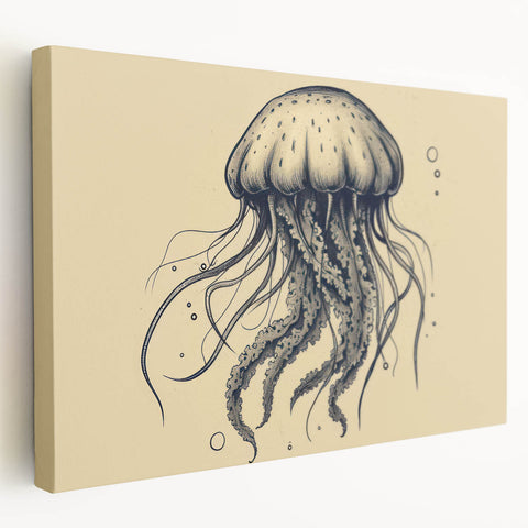 Stretched canvas artwork showcasing a colorful jellyfish design, featuring vibrant blues and purples, perfect for marine life decor in modern interiors.