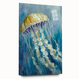 Acrylic glass wall art featuring a vibrant jellyfish design in shades of blue and purple, showcasing marine life intricacies, perfect for ocean-themed decor.