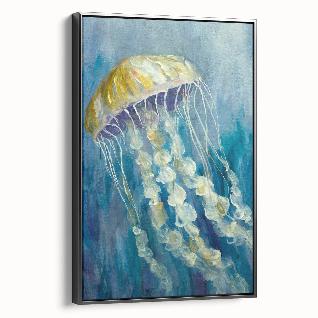 Framed canvas wall art featuring a vibrant jellyfish design in shades of blue and purple, set against a sleek black frame, ideal for marine-themed decor.