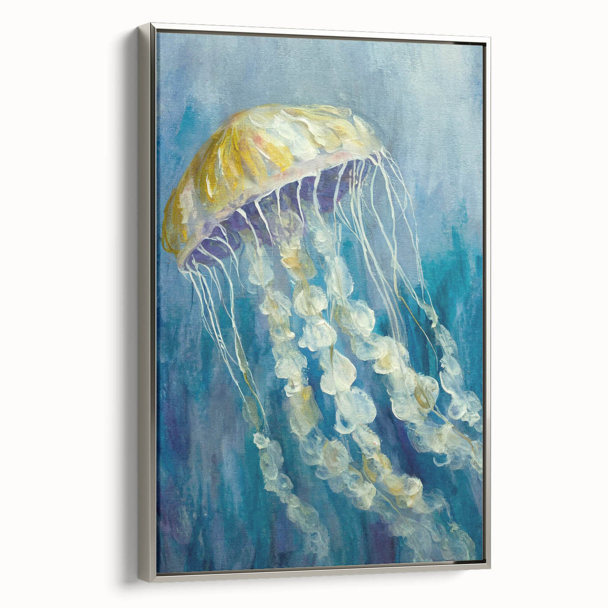 Framed wall art showcasing a vibrant marine life jellyfish design on a silver background, perfect for ocean-themed decor, emphasizing color and depth.