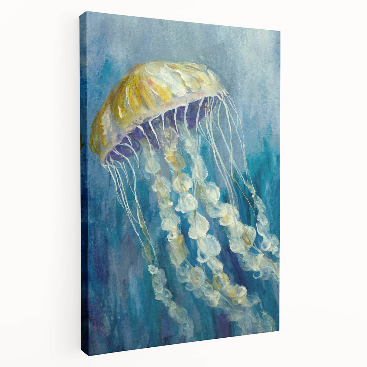 Stretched canvas art showcasing a vibrant jellyfish design in blues and purples, ideal for marine-themed decor. Perfect for adding a touch of ocean beauty to any room.