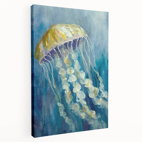 Stretched canvas art showcasing a vibrant jellyfish design in blues and purples, ideal for marine-themed decor. Perfect for adding a touch of ocean beauty to any room.
