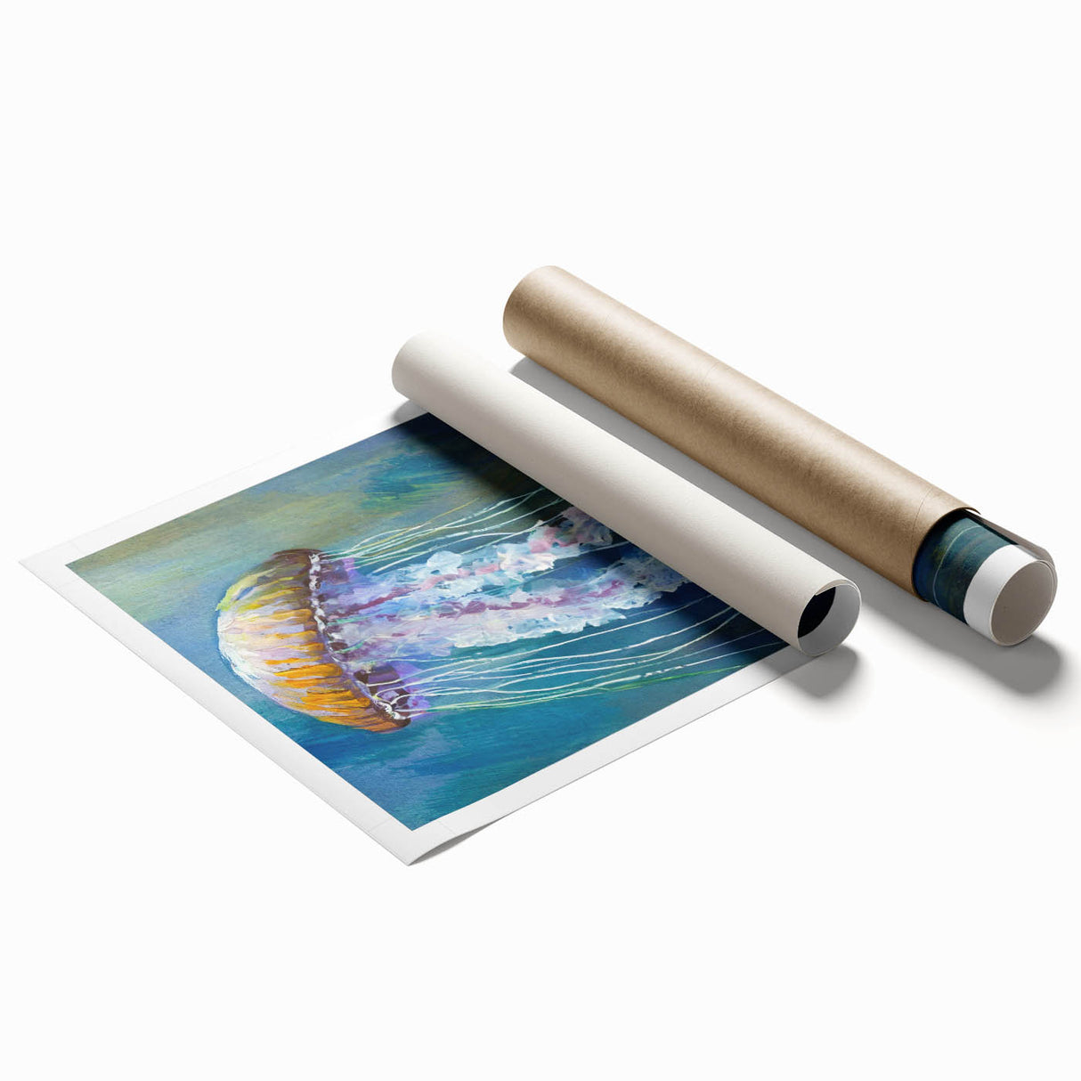 Vibrant jellyfish wall art print showcasing colorful marine life design, rolled for easy display, perfect for ocean-themed decor enthusiasts.