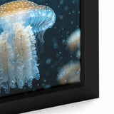Close-up of a framed wall art piece showcasing a vibrant jellyfish design, emphasizing the intricate details and colors in the marine life collection. Perfect for ocean-themed decor.