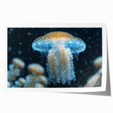 Vibrant jellyfish wall art design featuring intricate details and colorful gradients, ideal for marine-themed decor, rolled and ready for framing.
