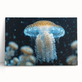 Colorful jellyfish wall art design on stretched canvas, showcasing vibrant hues of blue, pink, and purple, perfect for marine-themed decor in any space.
