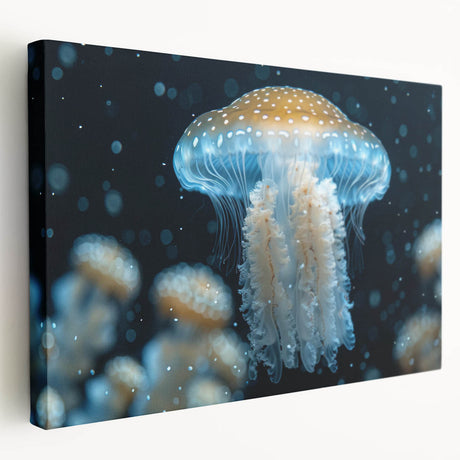Vibrant jellyfish wall art design on stretched canvas, showcasing intricate details and fluid colors, perfect for marine-themed decor in modern spaces.