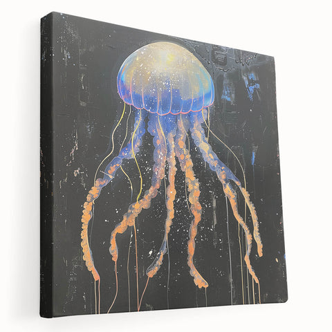 Stretched canvas wall art showcasing a vibrant jellyfish design in soothing blue and purple hues, perfect for marine-themed decor or ocean lovers.