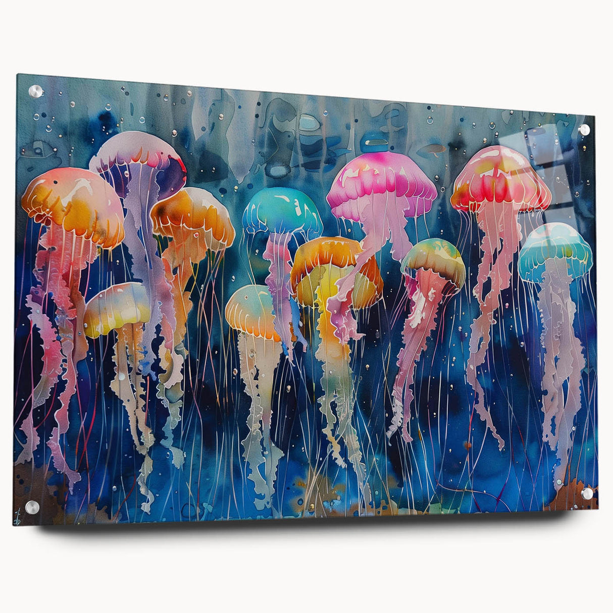 Colorful acrylic glass wall art featuring a vibrant jellyfish design, showcasing marine life in a side view with pins for easy hanging. Perfect for ocean enthusiasts.