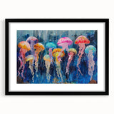 Framed wall art showcasing a vibrant jellyfish design with a black mat and sleek frame, ideal for marine life enthusiasts and modern decor. Perfect for enhancing any living space.