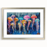 Framed wall art showcasing a vibrant jellyfish design, featuring intricate marine life details and a sleek silver mat, perfect for ocean-themed decor.