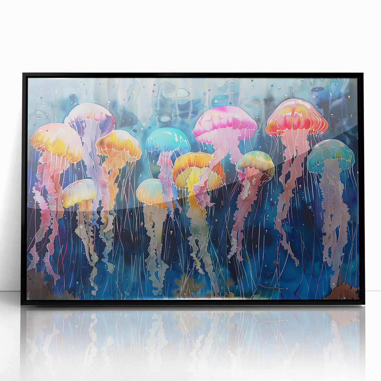 Framed acrylic wall art featuring a vibrant jellyfish design in a sleek black frame, showcasing intricate marine life details and colors, perfect for ocean-themed decor.