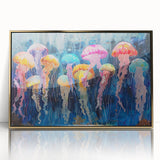 Framed wall art showcasing a stunning jellyfish design in vibrant colors, set against a gold-acrylic background, perfect for marine life enthusiasts and modern decor.