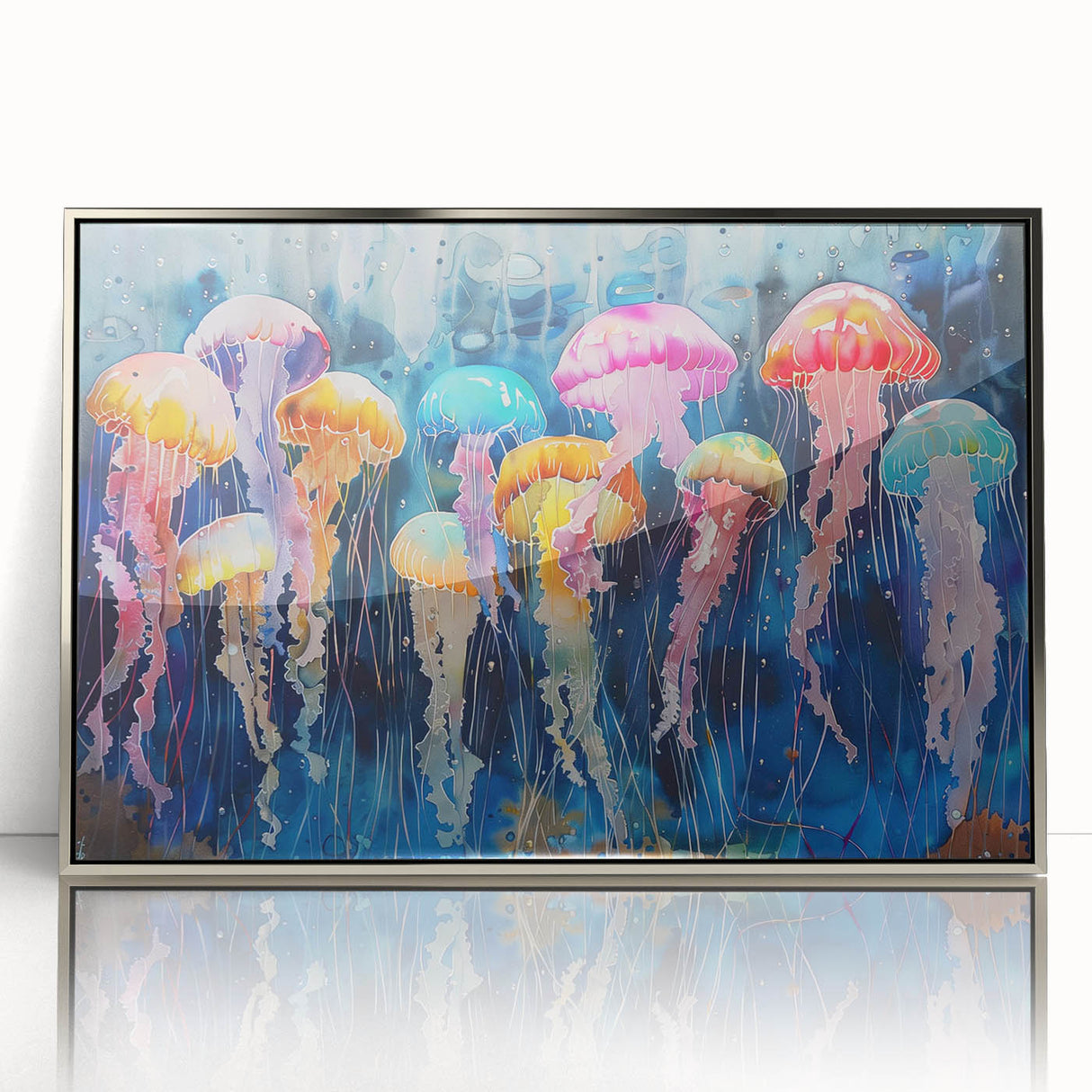 Framed wall art showcasing a vibrant jellyfish design in a silver acrylic frame, perfect for marine life enthusiasts. The colorful marine scene adds a tranquil touch to any decor.