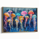 Framed wall art showcasing a vibrant jellyfish design in shades of blue and gold, perfect for marine life enthusiasts, enhancing any modern decor.