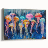 Framed canvas wall art featuring a vibrant jellyfish design in shades of blue and purple, elegantly displayed with a silver frame, perfect for marine life enthusiasts.