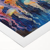 Vibrant jellyfish design on rolled canvas art, showcasing intricate details of marine life in soft blues and purples, ideal for ocean-themed decor.