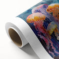 Vibrant jellyfish wall art on rolled canvas, showcasing intricate marine life designs in blue and purple hues, ideal for ocean-themed decor or marine biology enthusiasts.