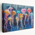 Stretched canvas wall art featuring a vibrant jellyfish design in rich blues and purples, ideal for marine life enthusiasts and modern décor. Perfect for enhancing home or office spaces with a touch of ocean-inspired elegance.