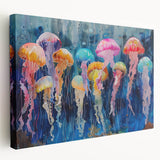 Stretched canvas wall art featuring a vibrant jellyfish design in rich blues and purples, ideal for marine life enthusiasts and modern décor. Perfect for enhancing home or office spaces with a touch of ocean-inspired elegance.