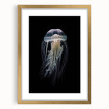 Framed wall art featuring a vibrant jellyfish design in shades of blue and gold, set in a stylish mat and frame, perfect for marine life enthusiasts.