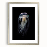 Elegant silver-framed wall art showcasing a vibrant marine life jellyfish design. The artwork is presented with a mat for an enhanced visual appeal, perfect for ocean-themed decor.