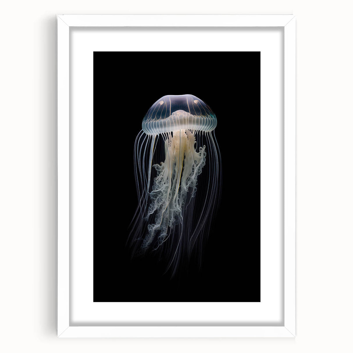 White-framed wall art featuring a vibrant jellyfish design, showcasing intricate details and colors, perfect for marine life enthusiasts and home decor.