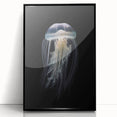 Framed wall art featuring a vibrant jellyfish design with blue and purple hues, set in a sleek black frame, perfect for marine life enthusiasts and modern decor.