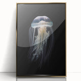 Framed wall art featuring a vibrant jellyfish design in shades of blue and gold, showcasing the beauty of marine life with a sleek acrylic finish, ideal for ocean-themed decor.